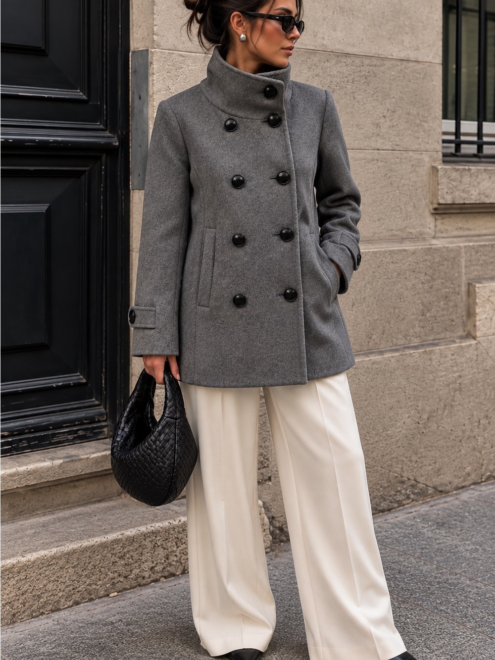 Babaton Y2K Grey Double Breasted Funnel Neck Wool Cashmere Blend Coat Small